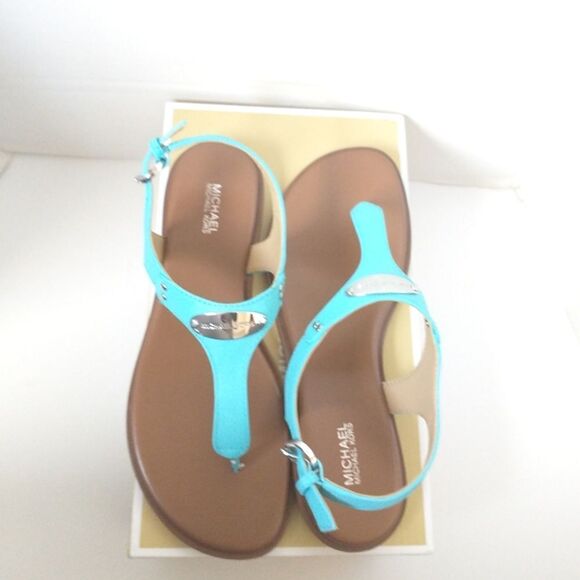 New! MICHAEL KORS Women's MK Logo Plate Thong Leather Sandals Shoes Ocean Blue - Picture 7 of 8